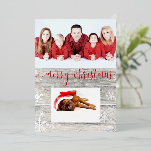 Rustic Wood Merry kerstsnowflakes script Folie Feestdagenkaart (Staand Voorkant)