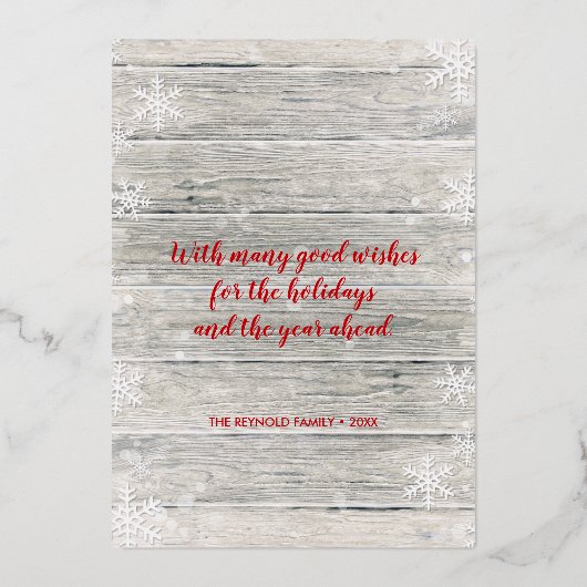 Rustic Wood Merry kerstsnowflakes script Folie Feestdagenkaart (Achterkant)