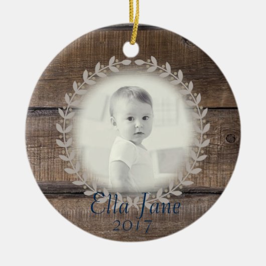 Rustic Wood met aangepaste fotoversiering Keramisch Ornament (Voorkant)