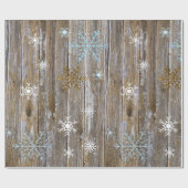 Rustic Wood met blauw en gouden Snowflakes Christm Cadeaupapier (Vlak)