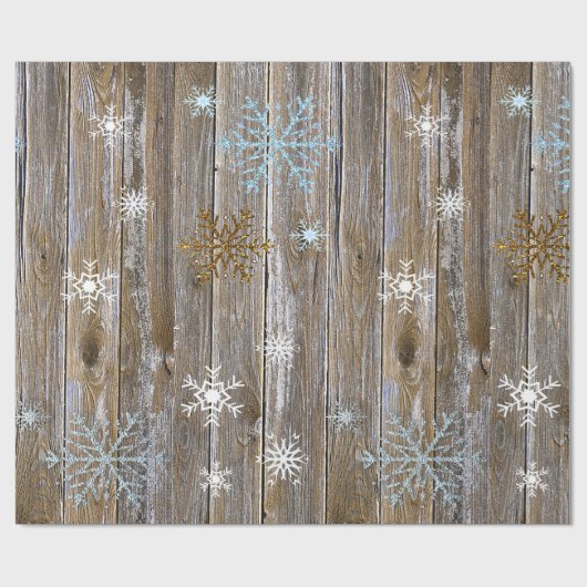 Rustic Wood met blauw en gouden Snowflakes Christm Cadeaupapier (Vlak)