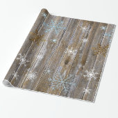 Rustic Wood met blauw en gouden Snowflakes Christm Cadeaupapier (Uitgerold)
