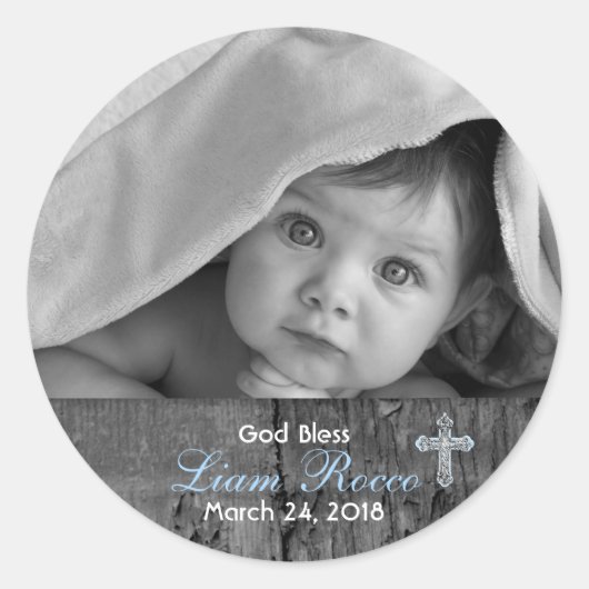 Rustic Wood met Cross Baptism Foto Ronde Sticker (Voorkant)