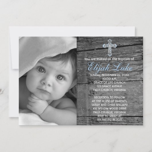 Rustic Wood met Cross Photo Baptisme Kaart (Voorkant)