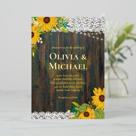 Rustic Wood met Gold Foil Words Sunflower Lace Folie Uitnodiging (Staand Voorkant)