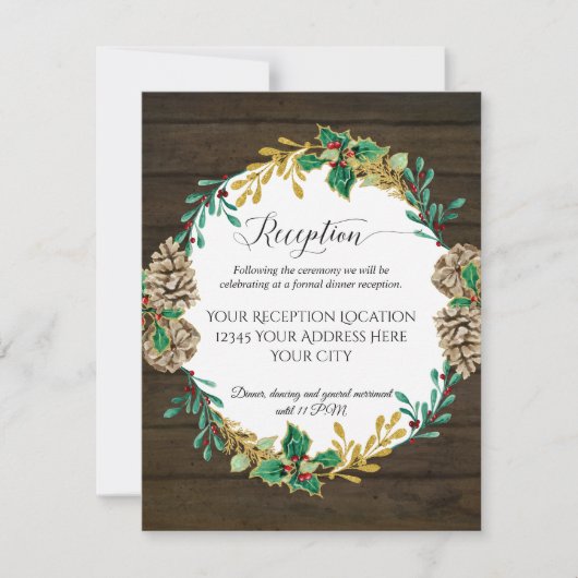 Rustic Wood met kerst Greenery Wedding Reception Kaart (Voorkant)
