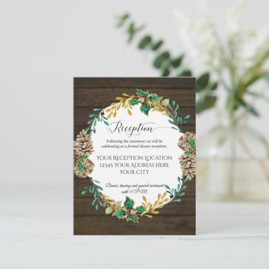 Rustic Wood met kerst Greenery Wedding Reception Kaart (Staand voorkant)