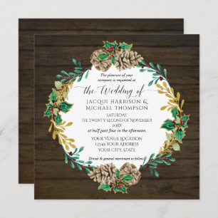 Rustic Wood met kerstpine Cone Greenery Wedding Kaart