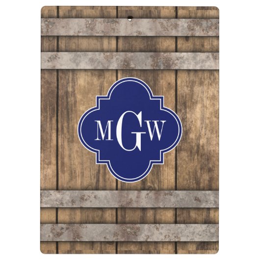 Rustic Wood Metal Band Navy Quatrefoil 3 Monogram Klembord (Achterkant)