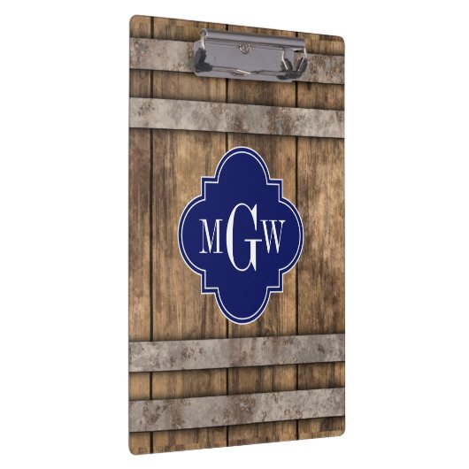 Rustic Wood Metal Band Navy Quatrefoil 3 Monogram Klembord (Rechts)