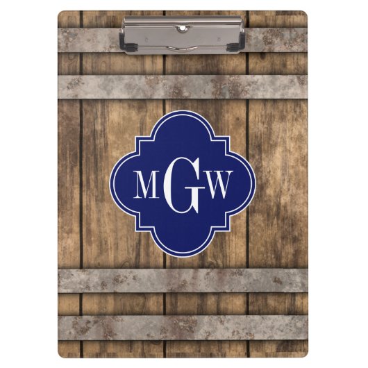 Rustic Wood Metal Band Navy Quatrefoil 3 Monogram Klembord (Voorkant)