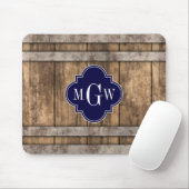 Rustic Wood Metal Band Navy Quatrefoil 3 Monogram Muismat (Met muis)