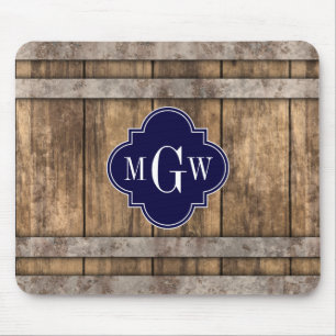 Rustic Wood Metal Band Navy Quatrefoil 3 Monogram Muismat