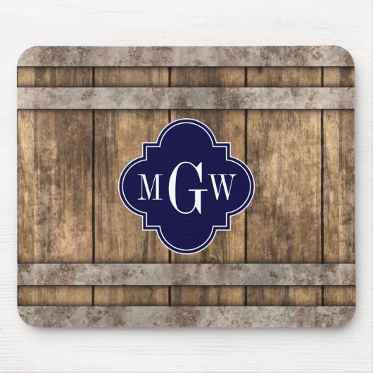 Rustic Wood Metal Band Navy Quatrefoil 3 Monogram Muismat (Voorkant)