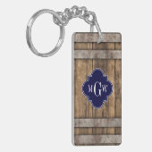 Rustic Wood Metal Band Navy Quatrefoil 3 Monogram Sleutelhanger (Voorkant Links)