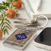 Rustic Wood Metal Band Navy Quatrefoil 3 Monogram Sleutelhanger (Voorkant Rechts)