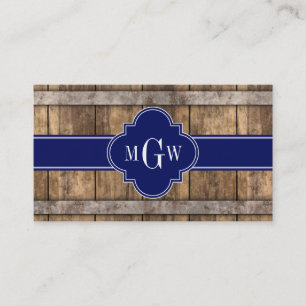 Rustic Wood Metal Band Navy Quatrefoil 3 Monogram Visitekaartje