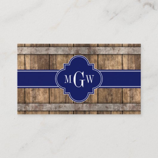 Rustic Wood Metal Band Navy Quatrefoil 3 Monogram Visitekaartje (Voorkant)
