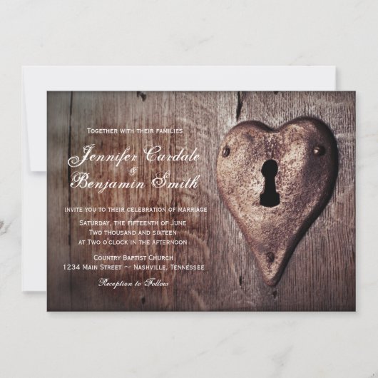 Rustic Wood Metal Heart Lock Wedding Invitting Kaart (Voorkant)