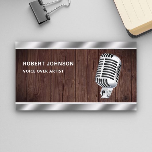 Rustic Wood Metallic Microfoon Voice Over Artiest Visitekaartje