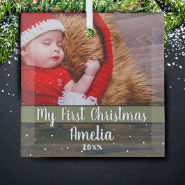 Rustic Wood Mijn eerste kerstfoto Baby Glas Ornament
