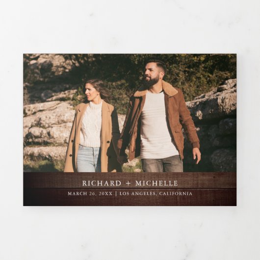 Rustic Wood Minimal Arch Photo QR code Wedding Drieluik Uitnodiging (Cover)