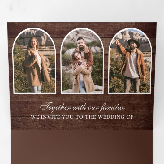 Rustic Wood Minimal Arch Photo QR code Wedding Drieluik Uitnodiging (Binnenzijde eerst)