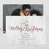 Rustic Wood Mistletoe Merry kerstfoto Holida Feestdagenkaart (Voorkant / Achterkant)