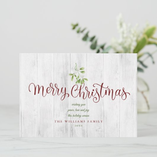 Rustic Wood Mistletoe Merry kerstfoto Holida Feestdagenkaart (Staand voorkant)