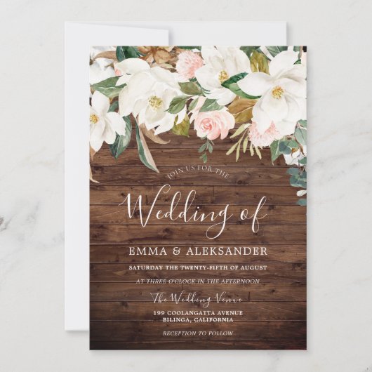 Rustic Wood Modern Blush & White Flowers Wedding Kaart (Voorkant)