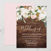 Rustic Wood Modern Blush & White Flowers Wedding Kaart (Voorkant / Achterkant)