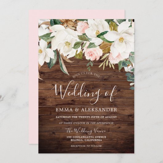 Rustic Wood Modern Blush & White Flowers Wedding Kaart (Voorkant / Achterkant)