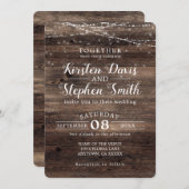 Rustic Wood Modern Country String Lights Wedding Kaart (Voorkant / Achterkant)