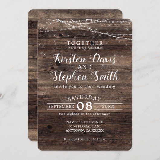 Rustic Wood Modern Country String Lights Wedding Kaart (Voorkant / Achterkant)