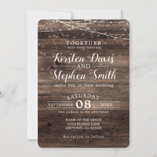 Rustic Wood Modern Country String Lights Wedding Kaart (Voorkant)