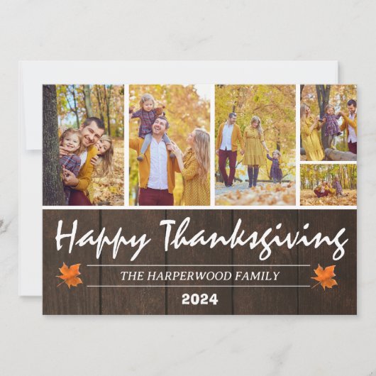 Rustic Wood Moderne Thanksgiving familiefoto Feestdagenkaart (Voorkant)