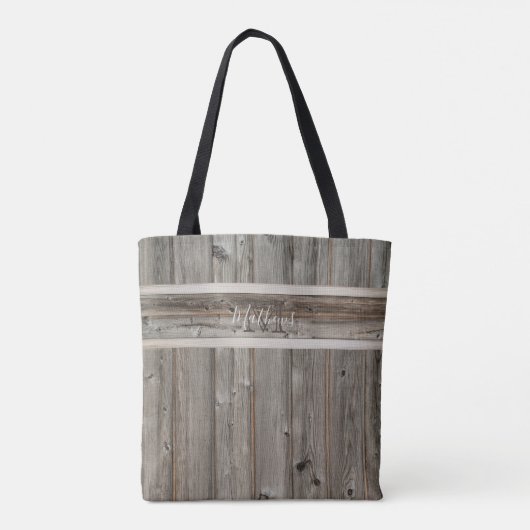 Rustic Wood Monogram horizontaal Stripe Grey Tote Bag (Achterkant)