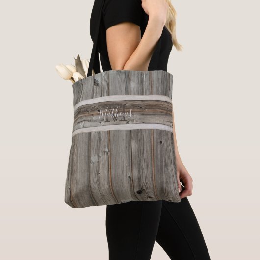 Rustic Wood Monogram horizontaal Stripe Grey Tote Bag (Dichtbij)