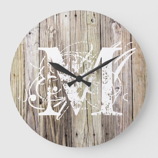 Rustic Wood Monogrammed Clock Grote Klok (Voorkant)