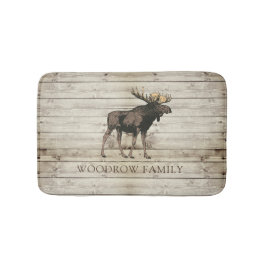 Rustic Wood Moose Family Name Shower Curtain Badmat