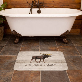 Rustic Wood Moose Family Name Shower Curtain Badmat