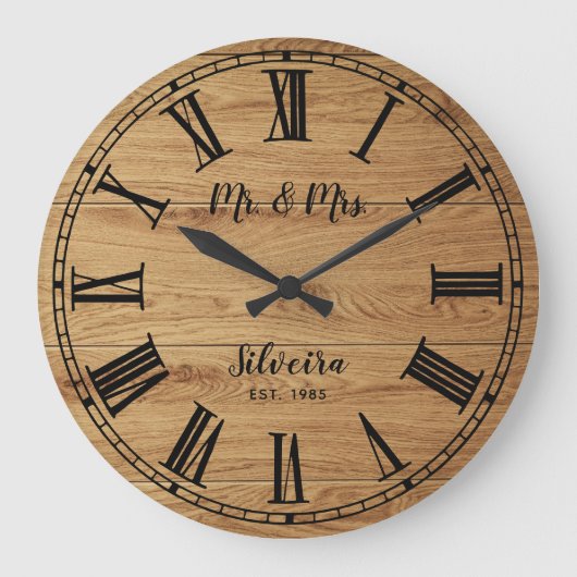Rustic Wood Mr Mrs Custom Name Farmhouse Wooden Grote Klok (Voorkant)