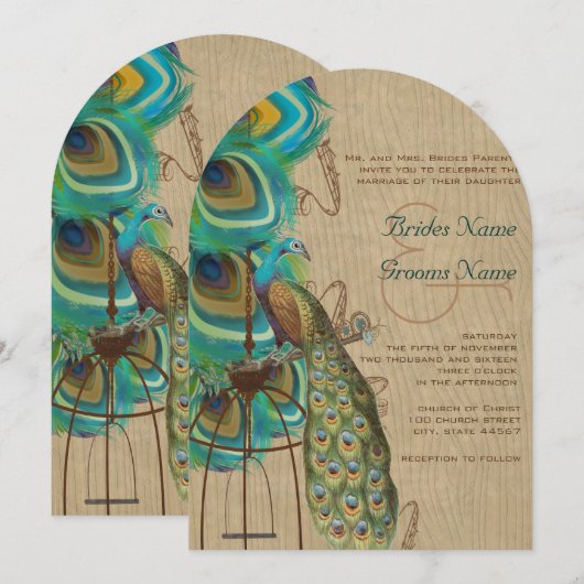 Rustic Wood Musical Peacock Bird Cage Feather Kaart (Voorkant / Achterkant)