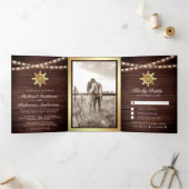 Rustic Wood Nautical Gold Ship's Wheel Wedding Drieluik Uitnodiging (Binnen)