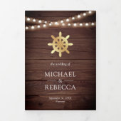 Rustic Wood Nautical Gold Ship's Wheel Wedding Drieluik Uitnodiging (Cover)