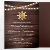 Rustic Wood Nautical Gold Ship's Wheel Wedding Drieluik Uitnodiging (Binnenzijde eerst)