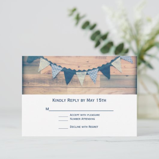 Rustic Wood Navy Banner Wedding RSVP-kaarten RSVP Kaartje (Staand voorkant)