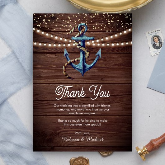 Rustic Wood Navy Blue Anchor Nautical Wedding Bedankkaart