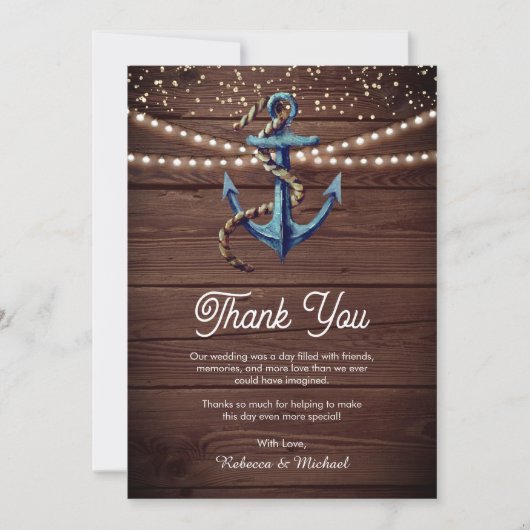 Rustic Wood Navy Blue Anchor Nautical Wedding Bedankkaart (Voorkant)