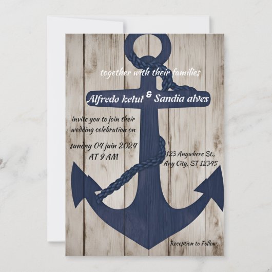 Rustic Wood Navy Blue Anchor Nautical Wedding Kaart (Voorkant)